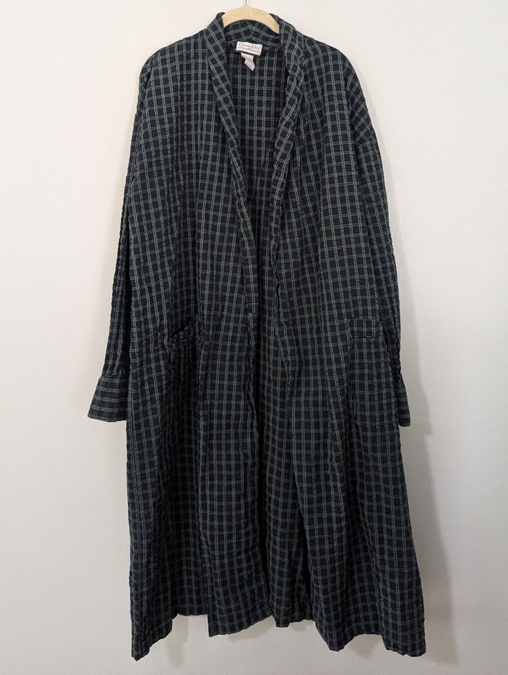 Vintage Christian Dior Robe De Chambre Plaid Robe Cotton Green Blue One Size